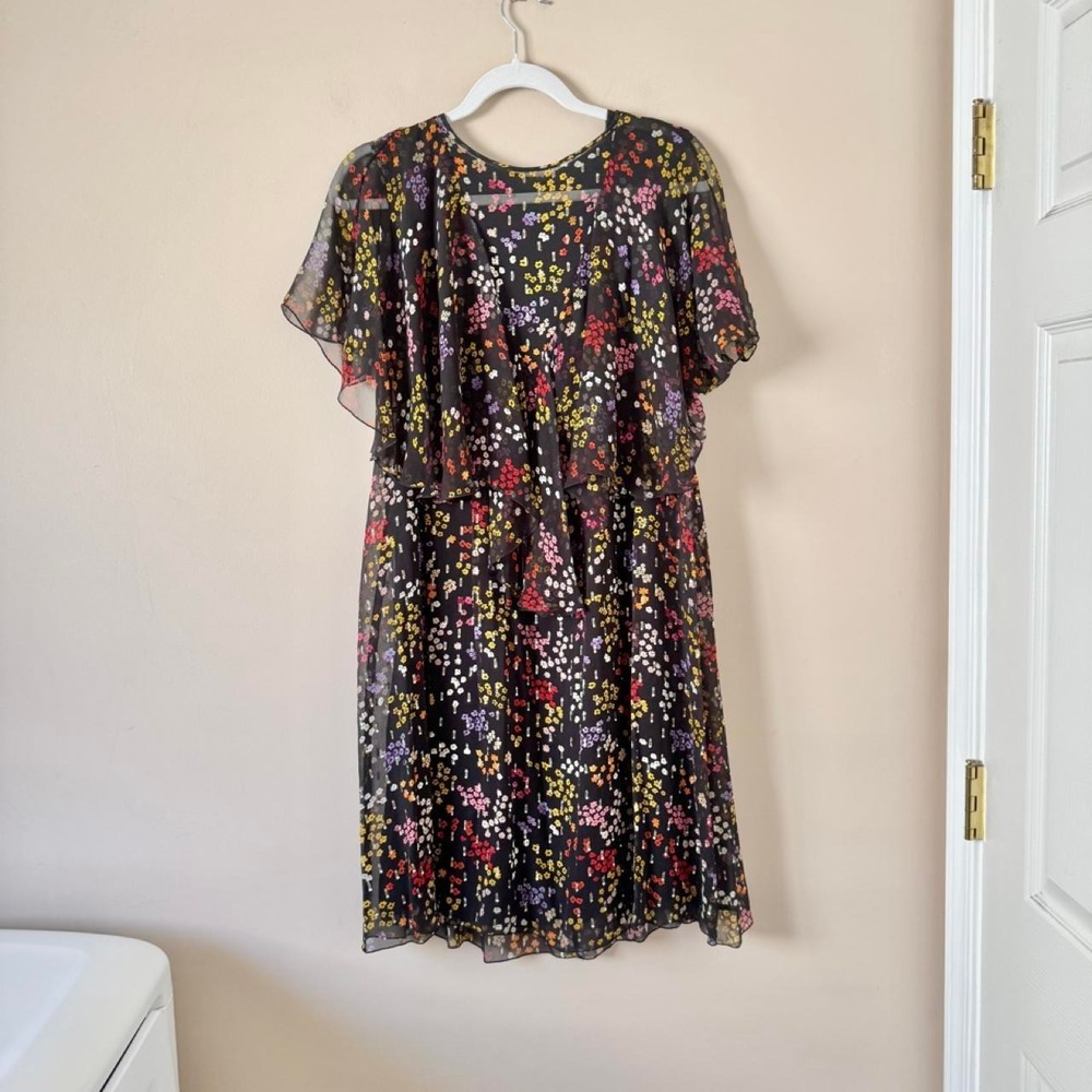 See by Chloé 100% Silk Chiffon Black Multicolor Floral Dress Red Yellow Designer - Picture 2 of 8
